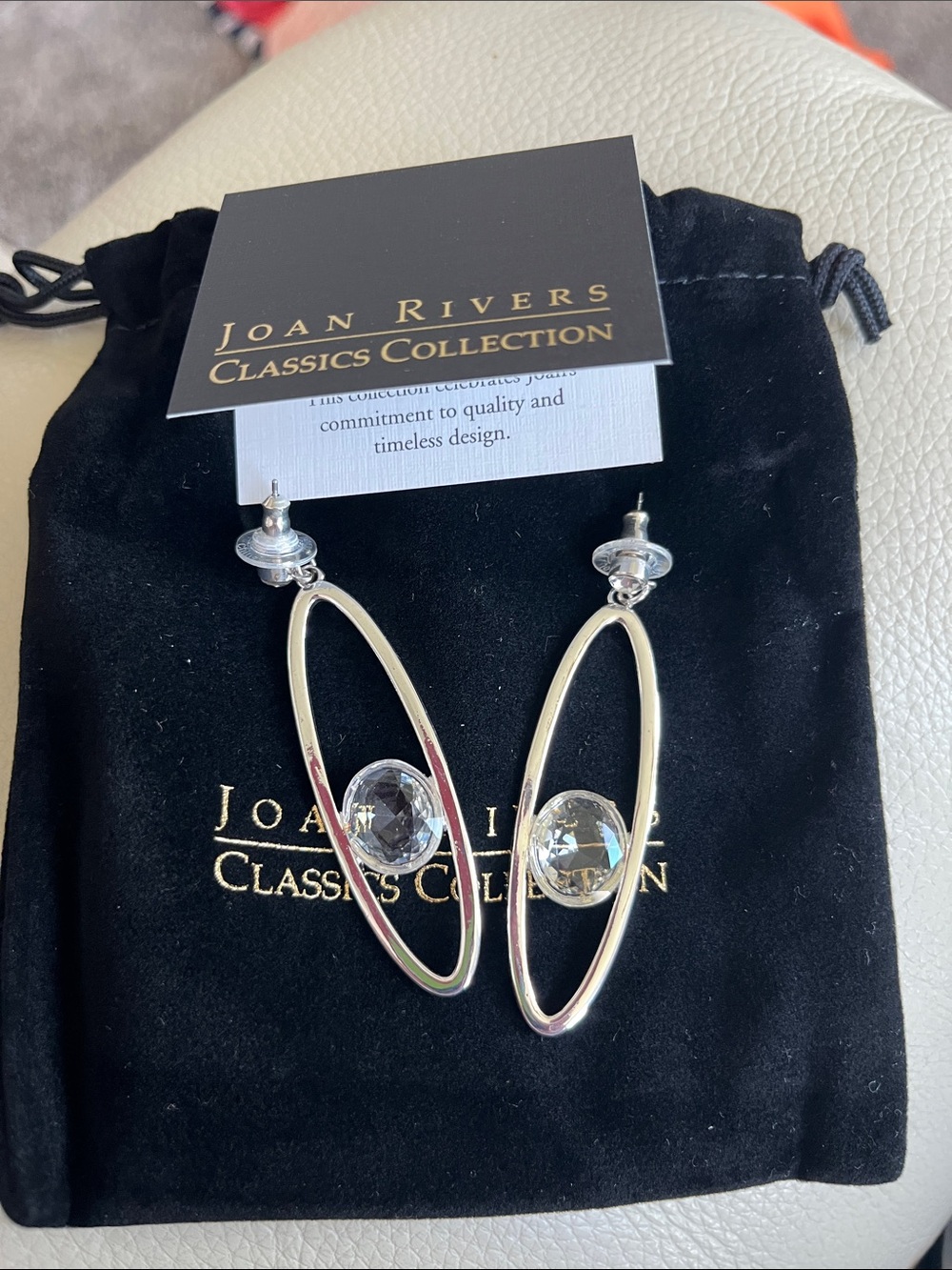 Joan Rivers Silver Oval Drop Earrings with Clear Stones. New!